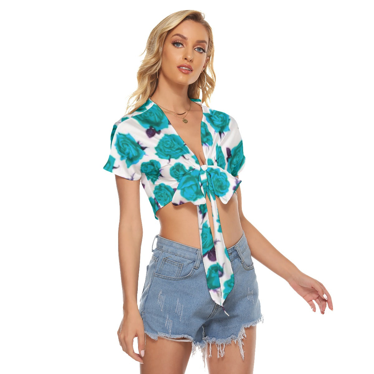 Teal Roses Women's Bandage Crop Top