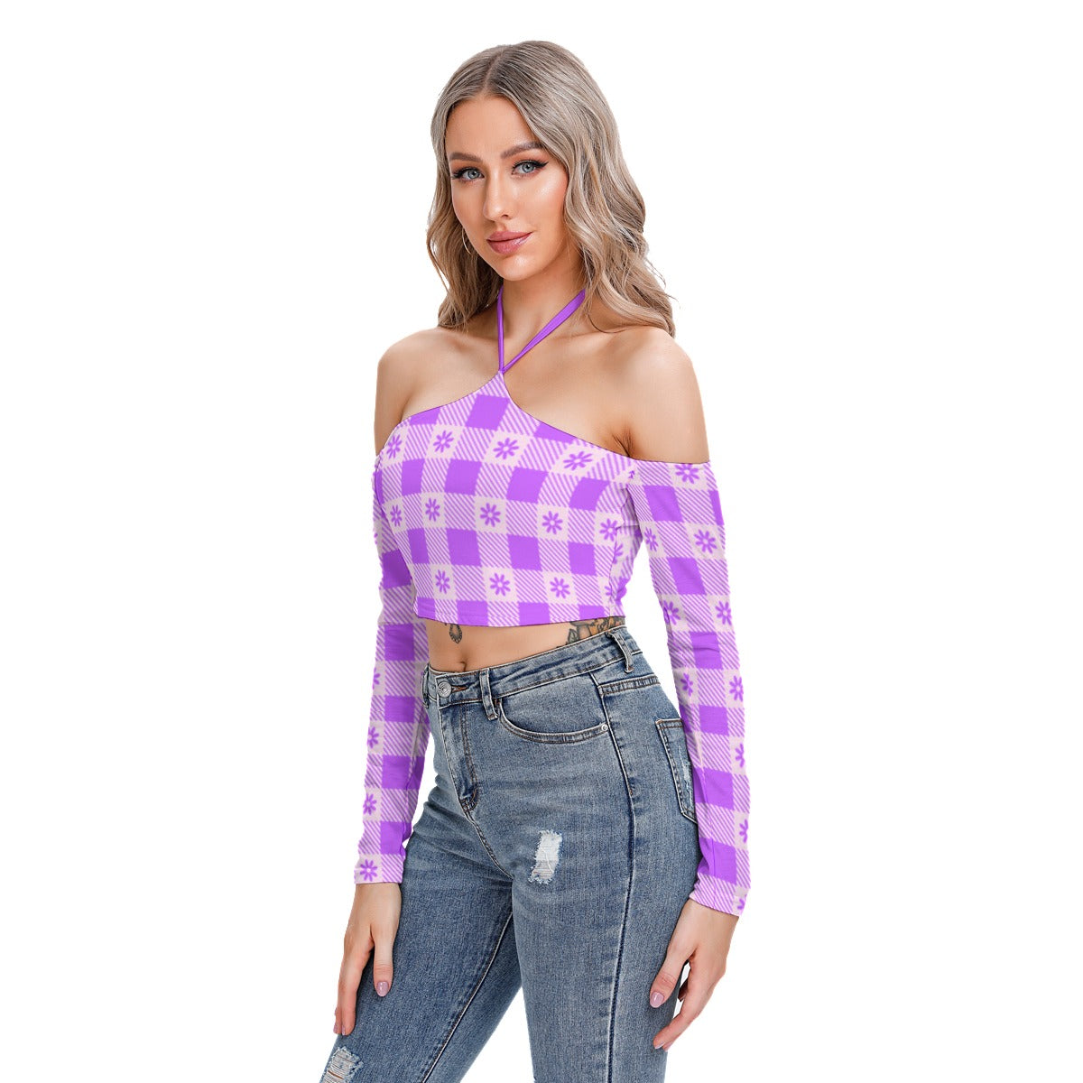 White With Purple Flowers Women's Plaid Halter Lace-up Top