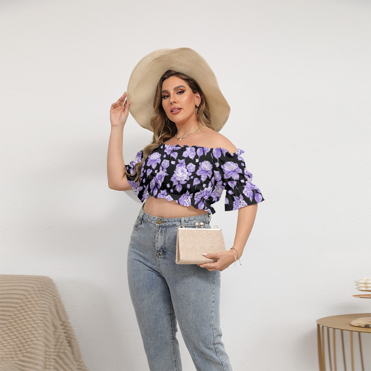 Purple Flowers Women's Black Off-shoulder Cropped Top With Short Puff Sleeve