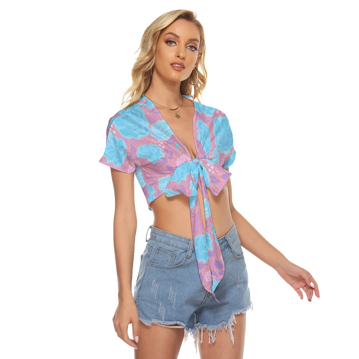 Light Blue Roses Women's Bandage Crop Top