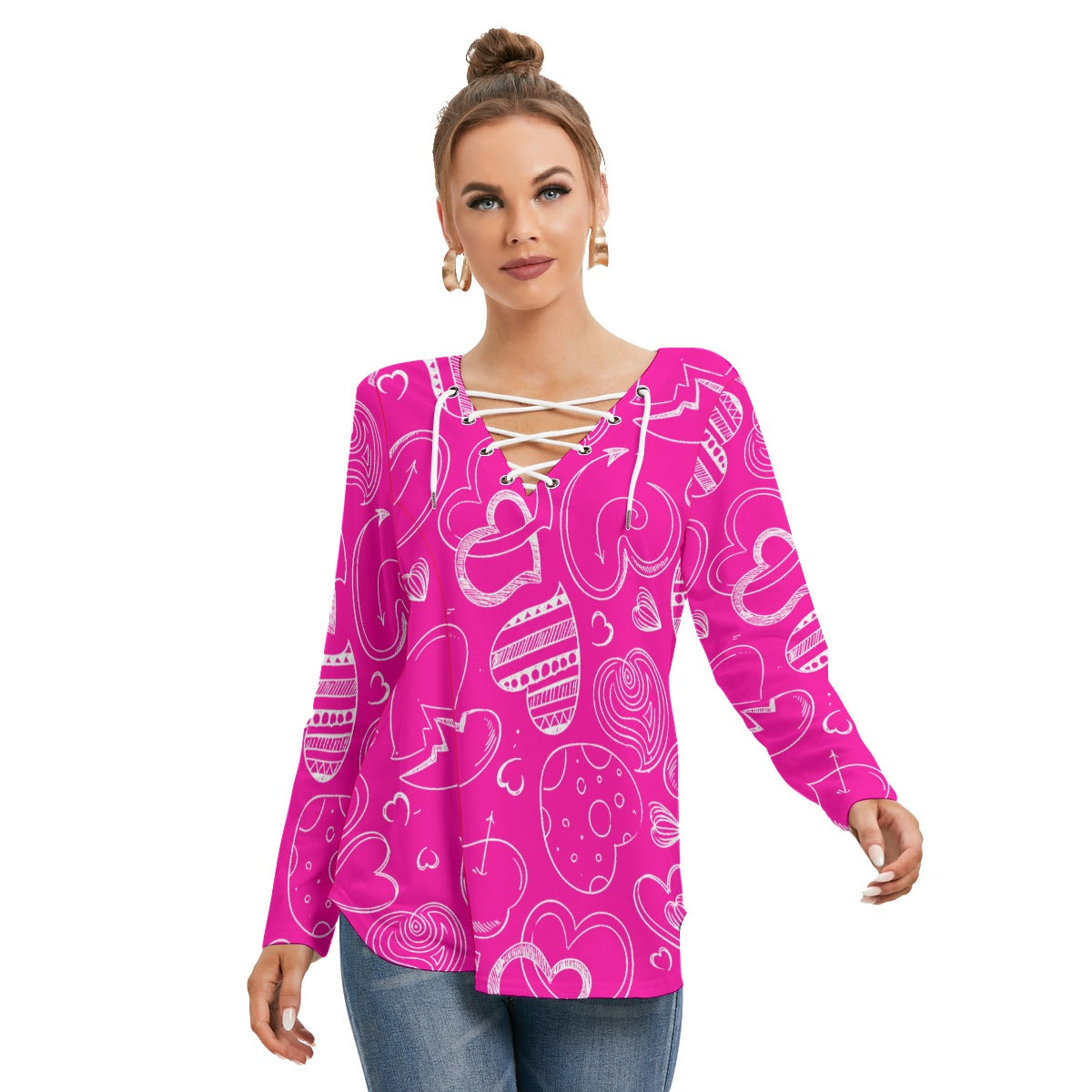 Pink With White Doodle Hearts Women's Long Sleeve Neckline Tie Sweatshirt