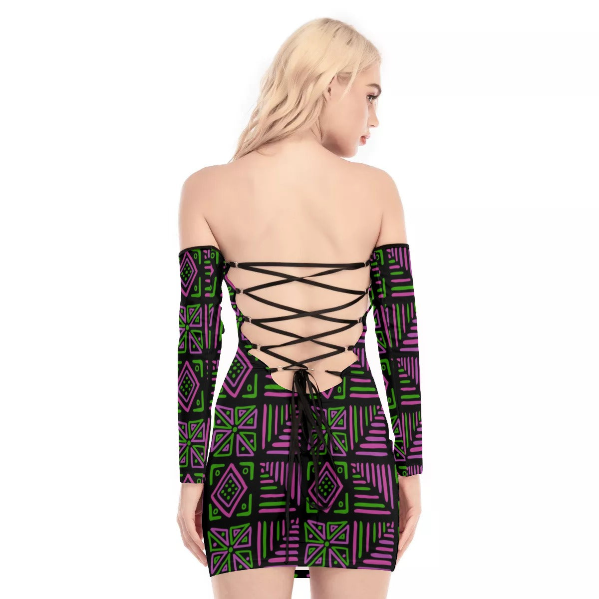 African Style Off-shoulder Back Lace-up Dress