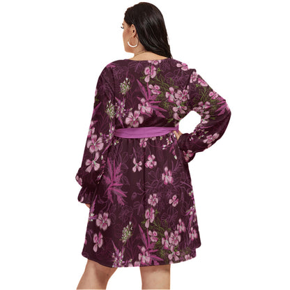 Pink Flowers Women's V-neck Dress With Waistband (Plus Size)