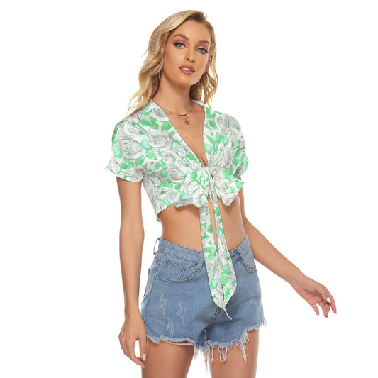 White Roses With Green Leaves Women's Bandage Crop Top