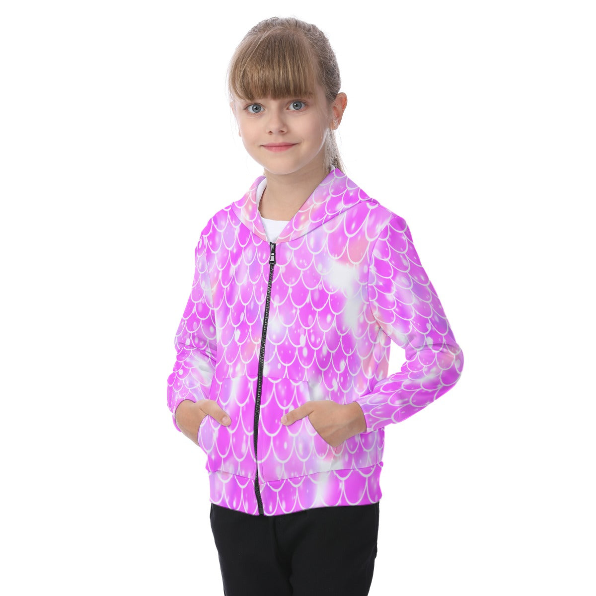 Kid's Mermaid Scales Zip-up Hoodie With Patch Pocket