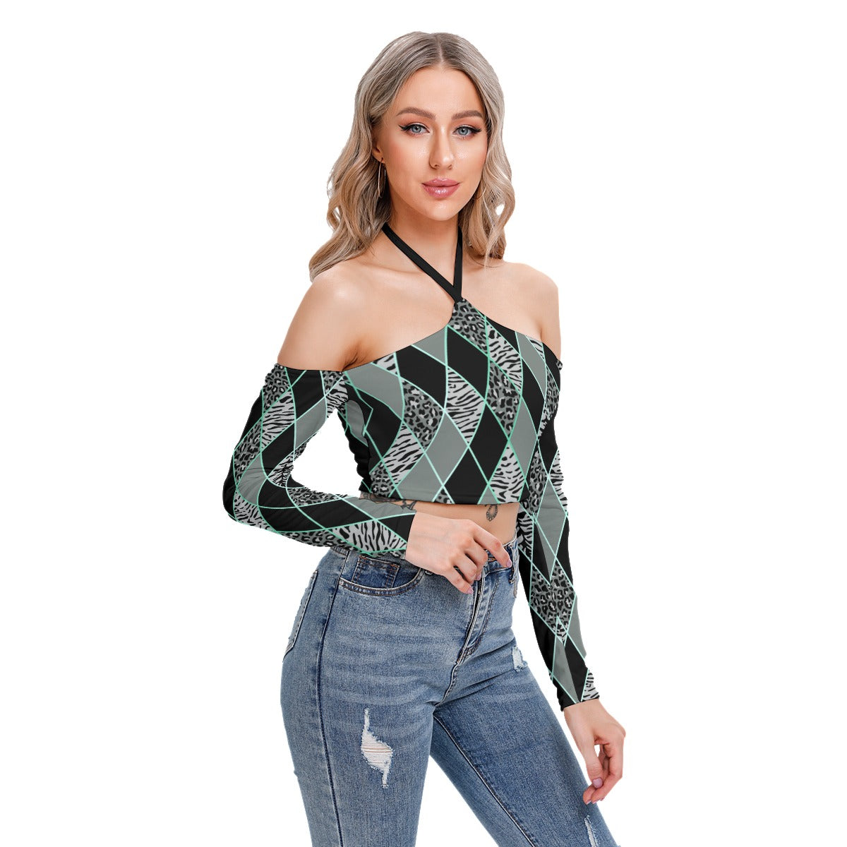 Bellafonte Animal Print Women's Halter Lace-up Top