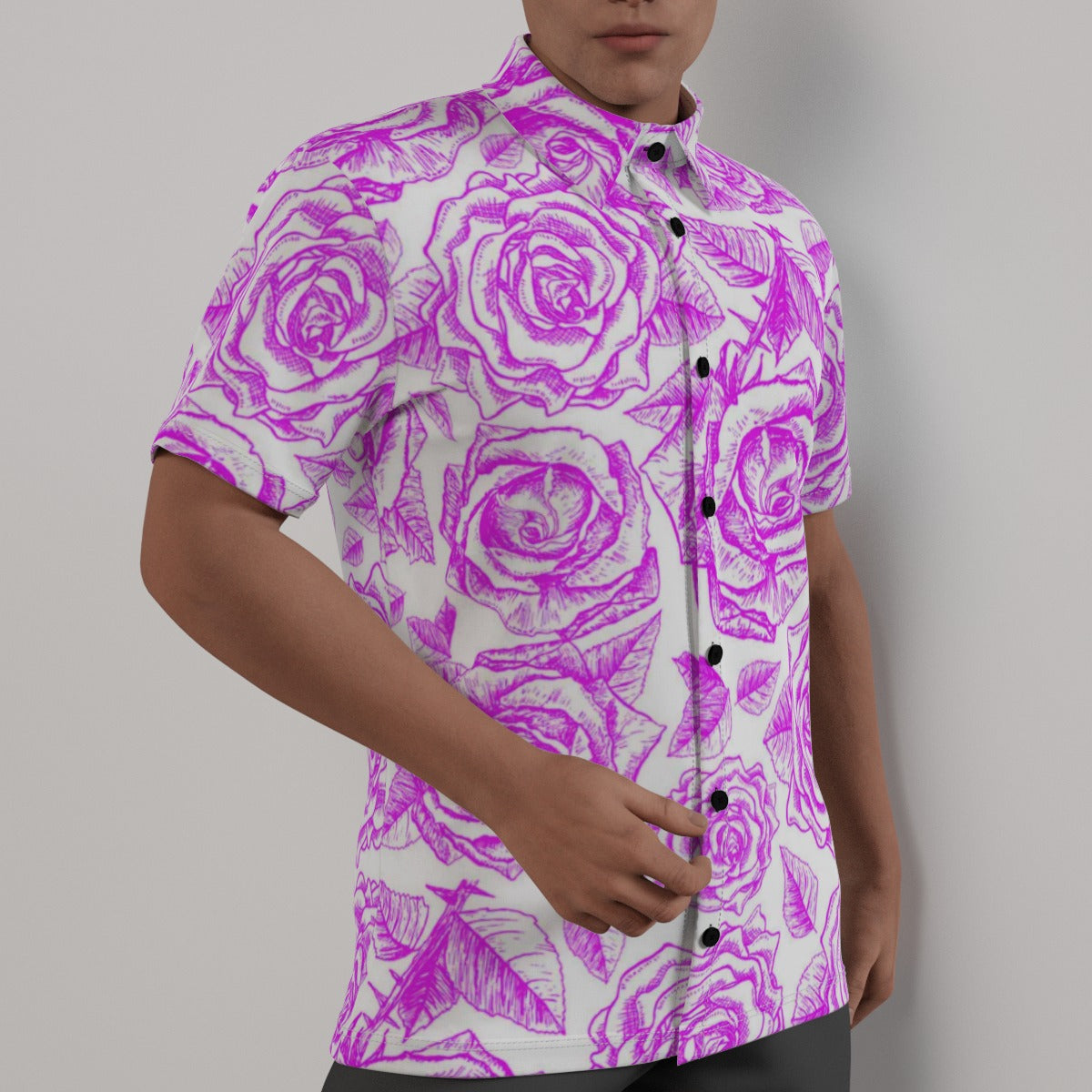 Purple & White Roses Men's Button Up