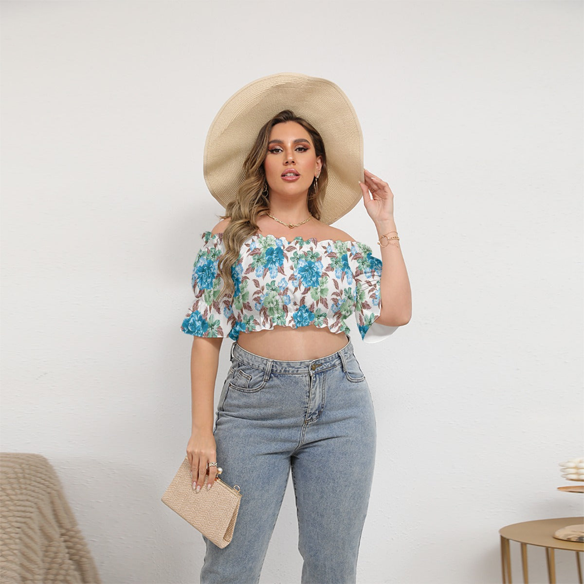 Cute Colorful Flowers Women's Off-shoulder Cropped Top With Short Puff Sleeve