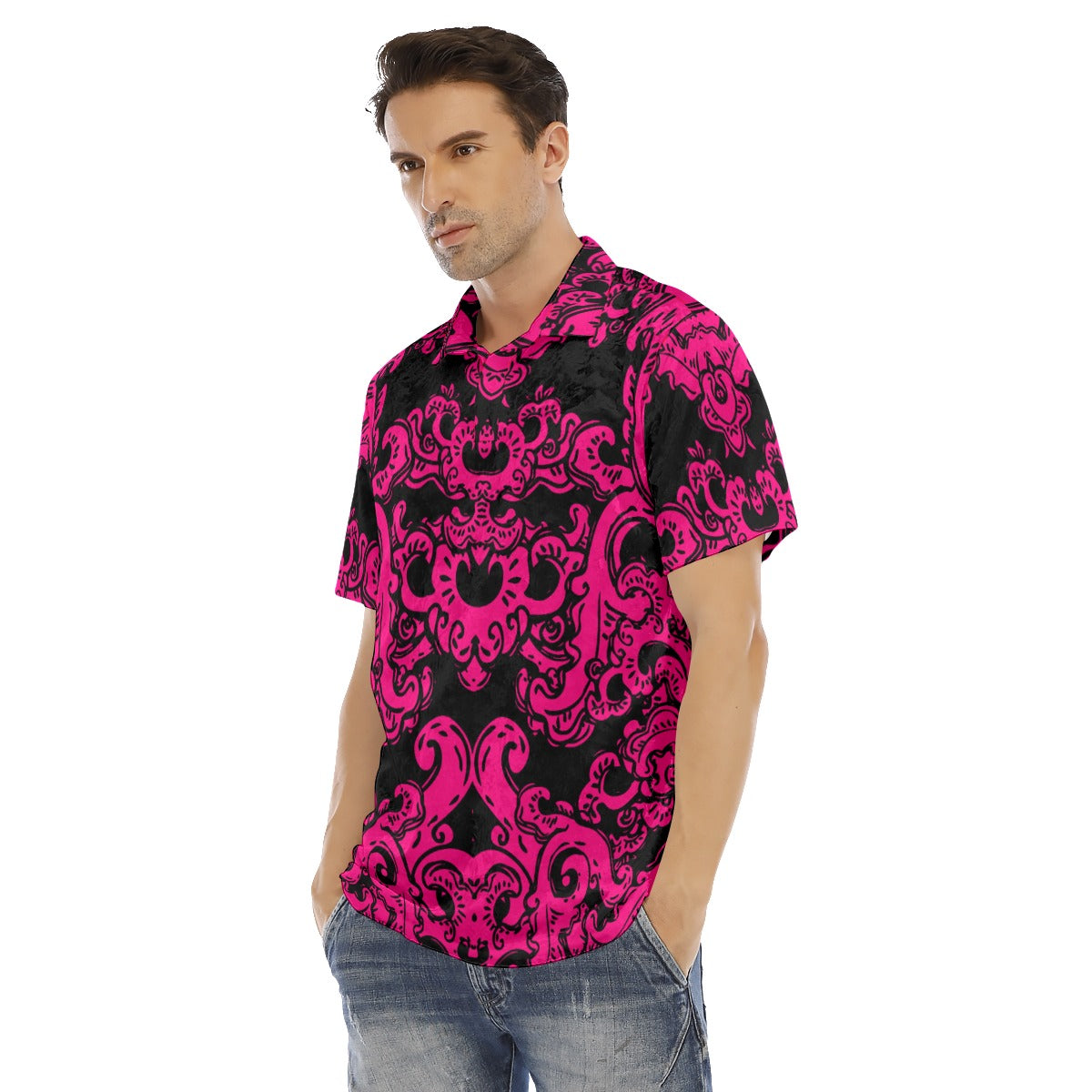 Pink & Black Baroque Pattern Men's Polo Shirt | Velvet