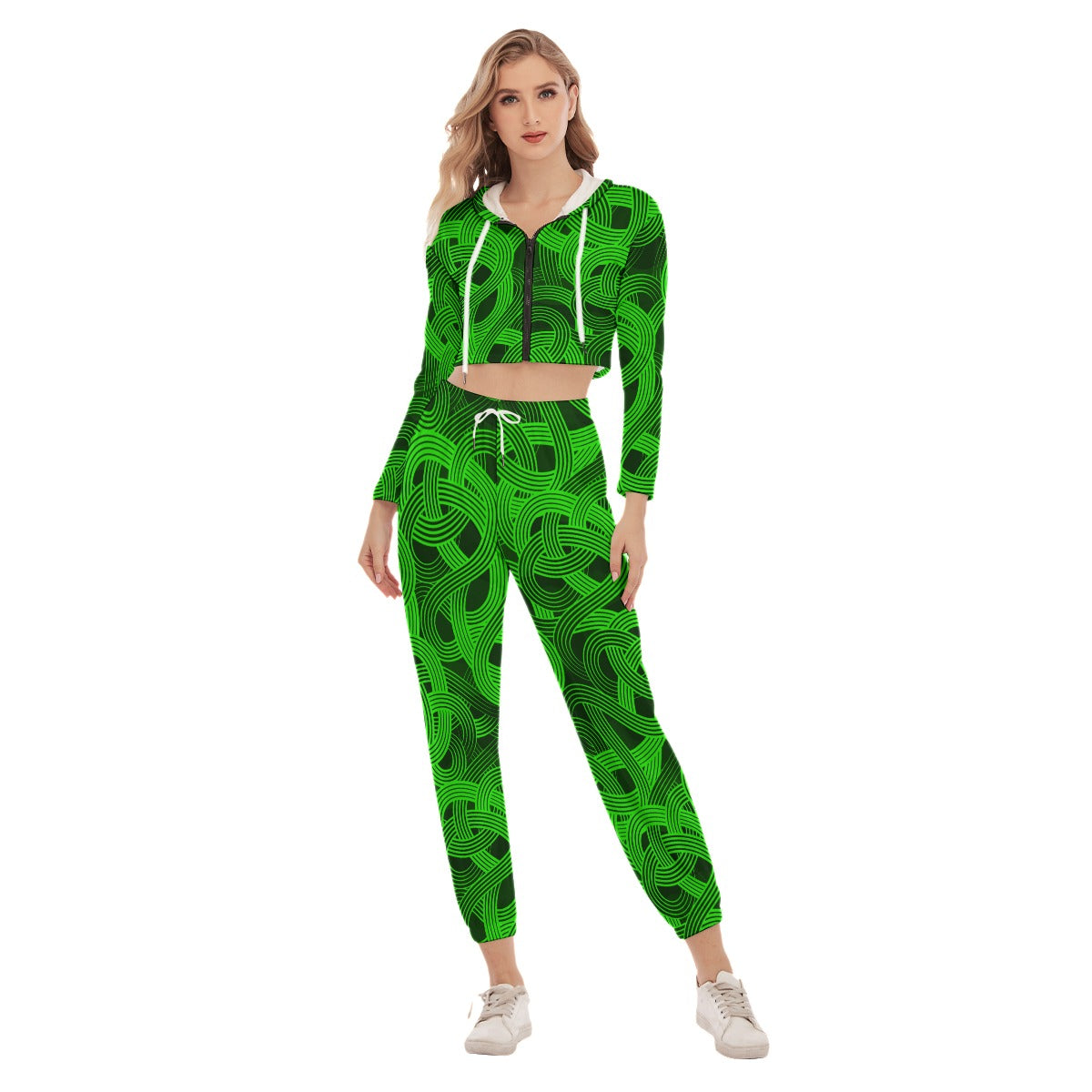 Trippy Green & Black Noodles Women's Crop Hoodie Sports Sets