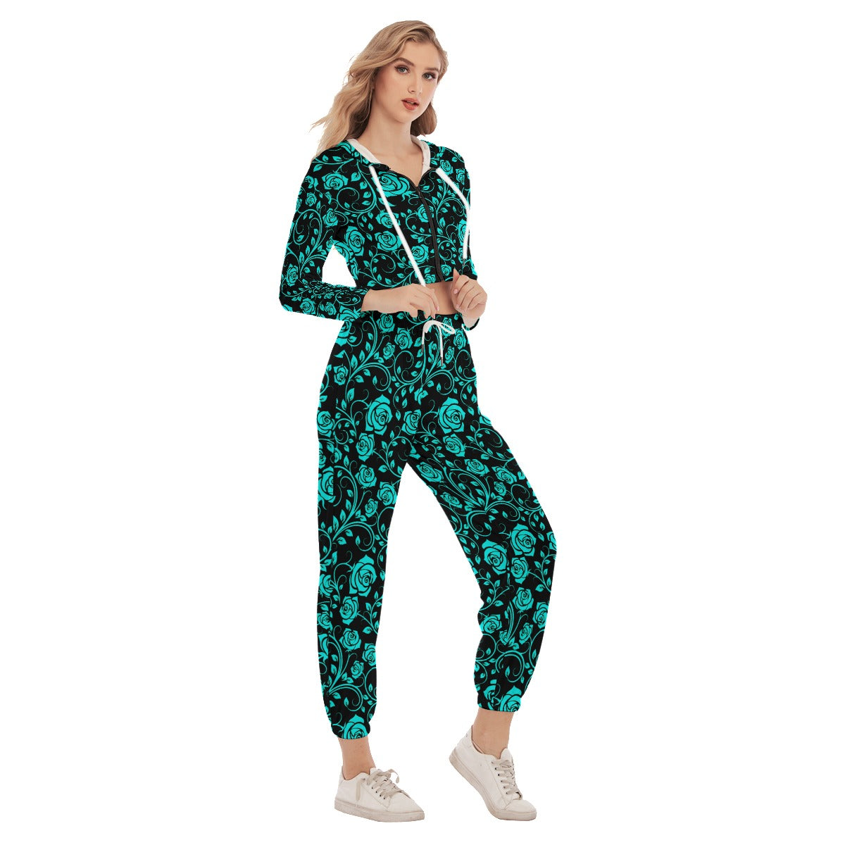 Black & Teal Roses Women's Crop Hoodie Sports Sets