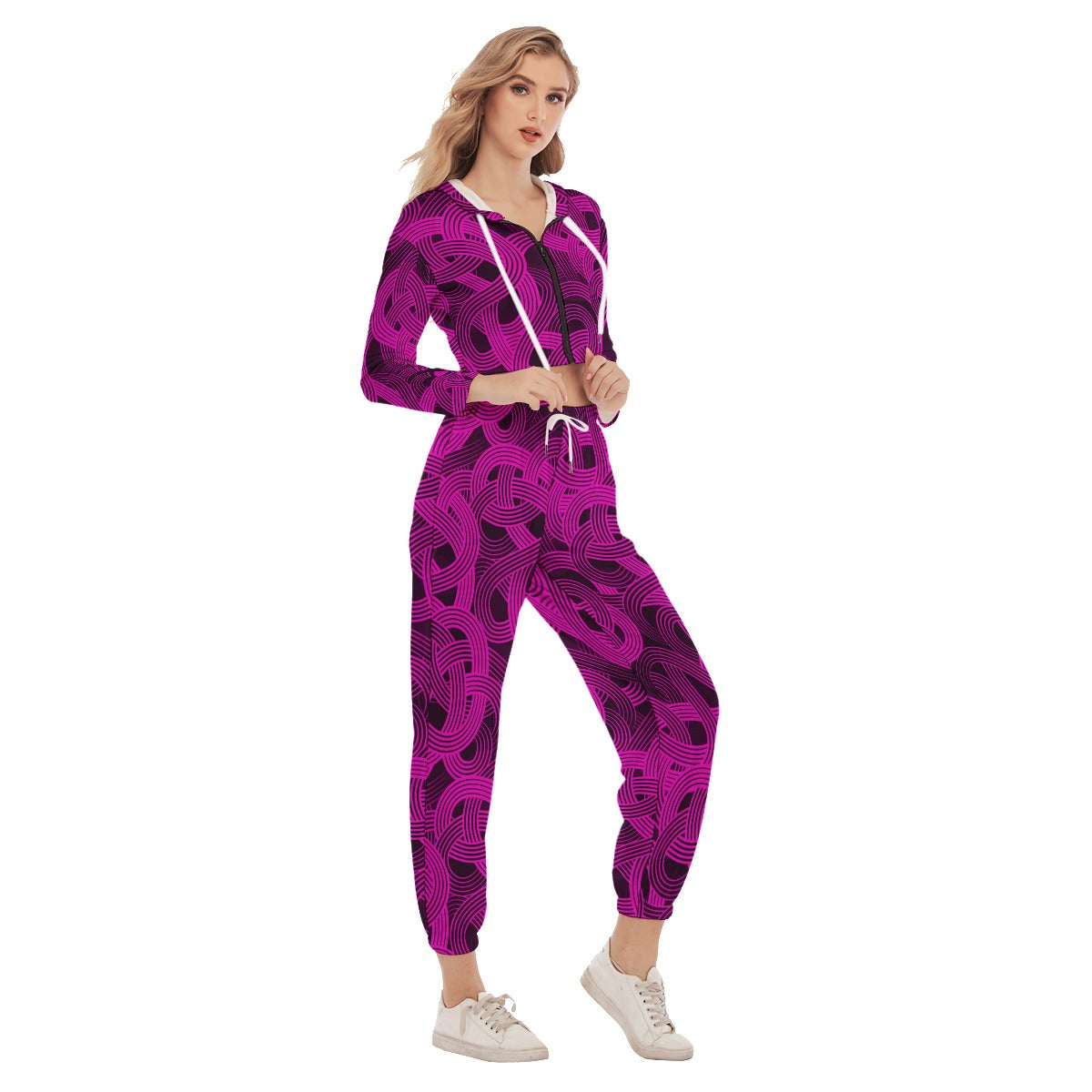 Trippy Pink & Black Noodles Women's Crop Hoodie Sports Sets