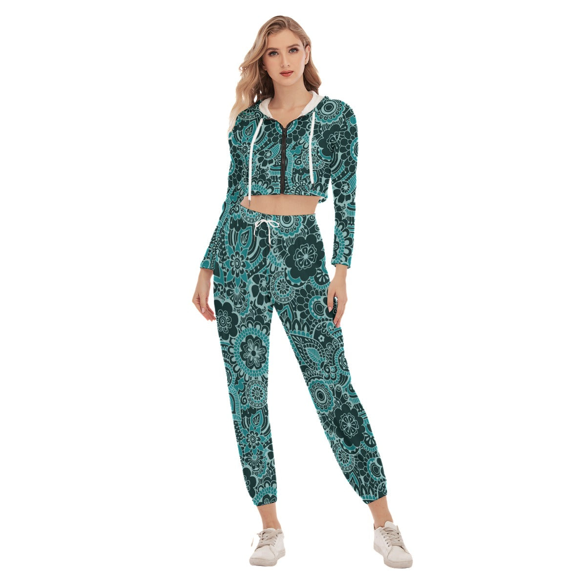 Cute Teal Flower Women's Crop Hoodie Sports Sets