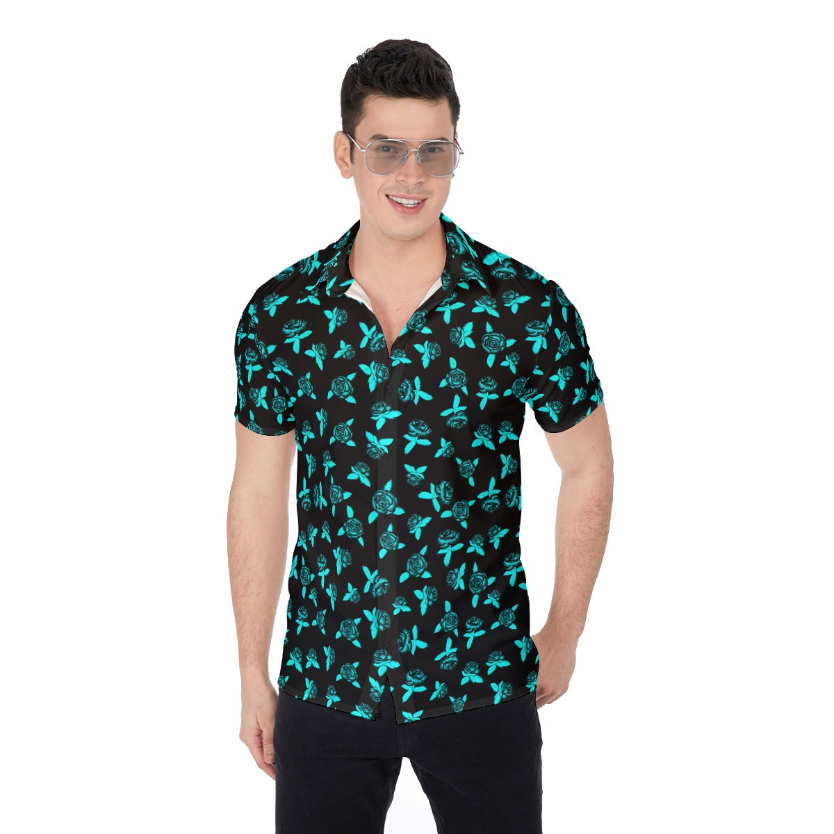 Black & Teal Roses Men's Button Up