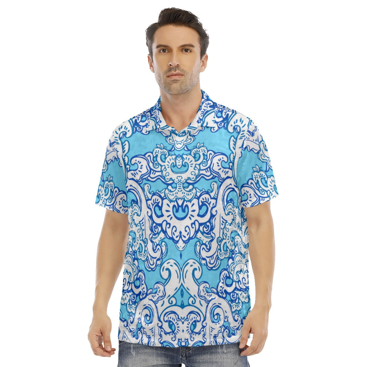 Blue & White Baroque Pattern Men's Polo Shirt | Velvet