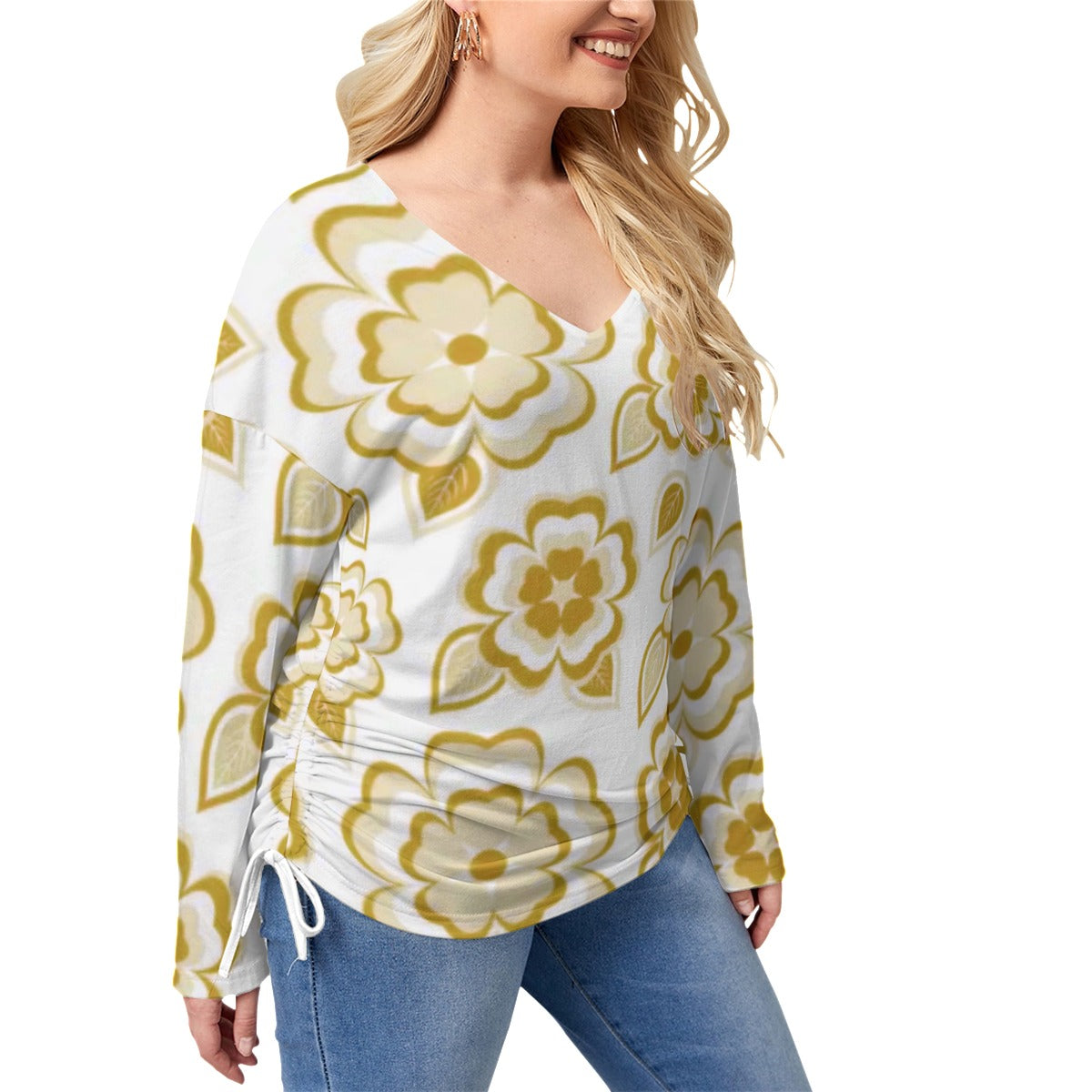 Yellow Sakura Flowers & Leaves Women’s V-neck T-shirt With Side Drawstring(Plus Size)