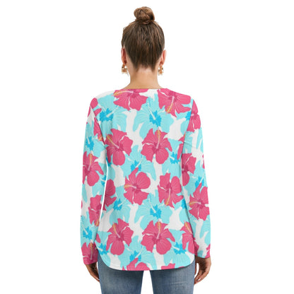 Tropical Flowers Women's Long Sleeve Neckline Tie Sweatshirt