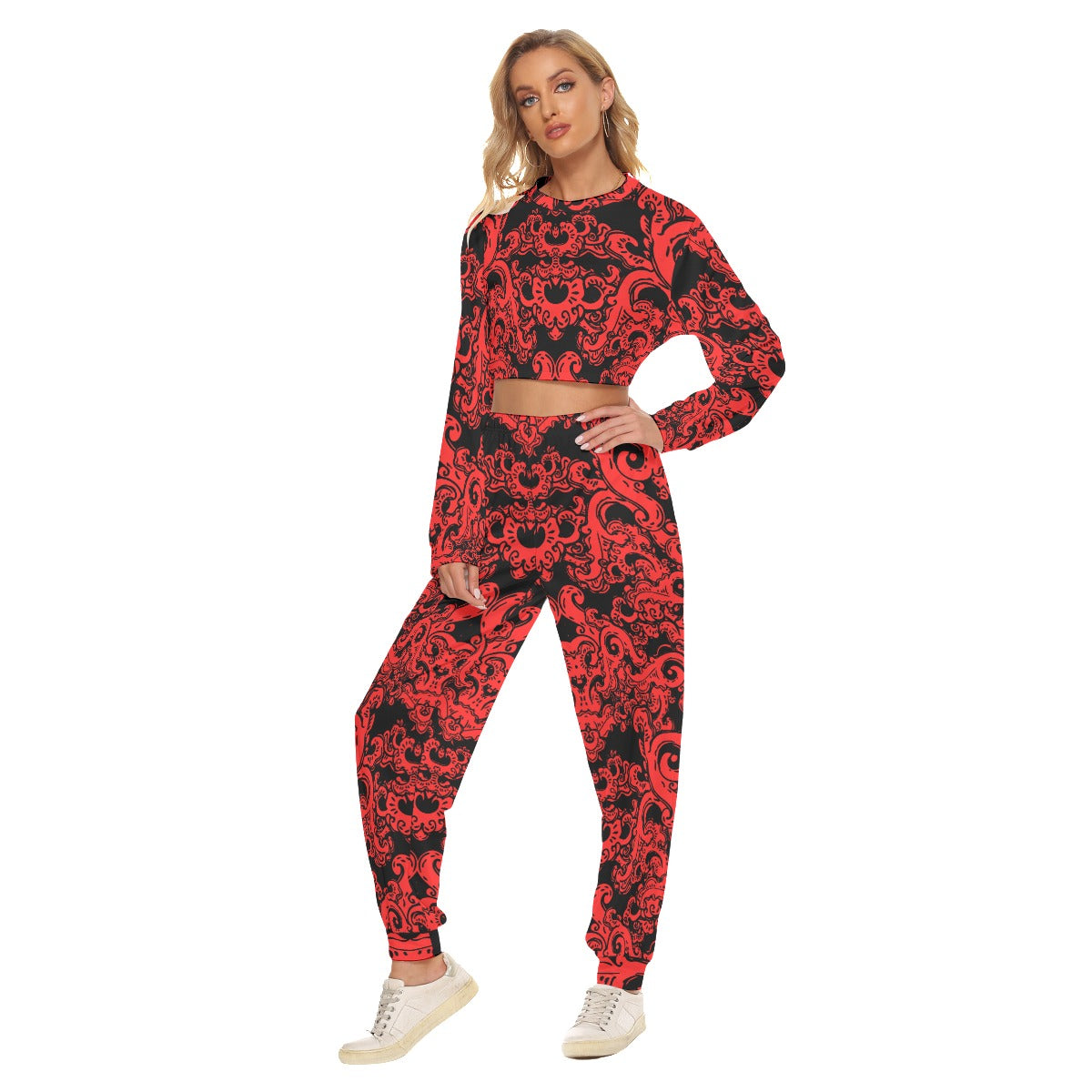 Red & Black Baroque Pattern Women's Crop Sweatshirt Suit