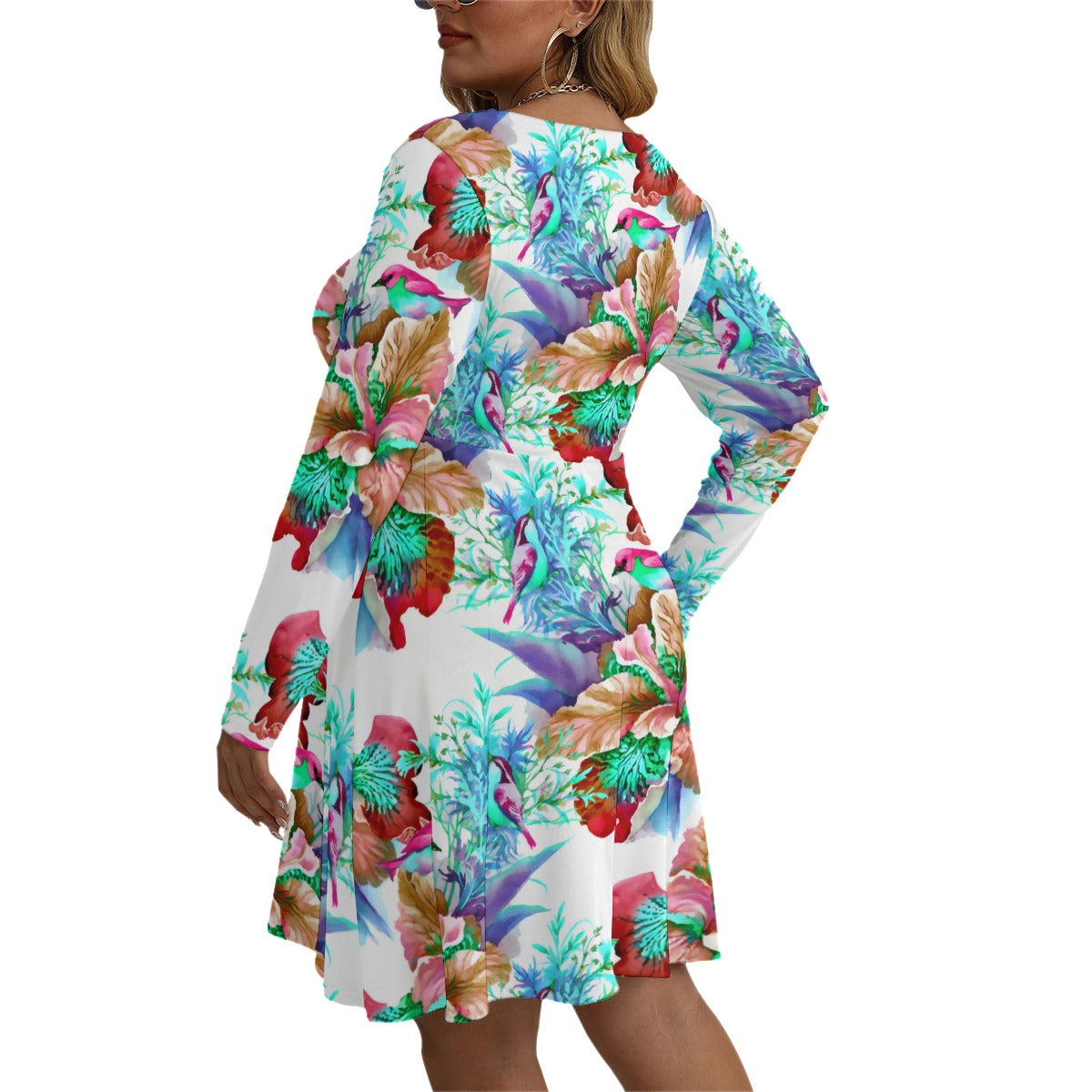 Watercolor Style Colorful Flowers & Birds Women's V-neck Long Sleeve Dress (Plus Size)