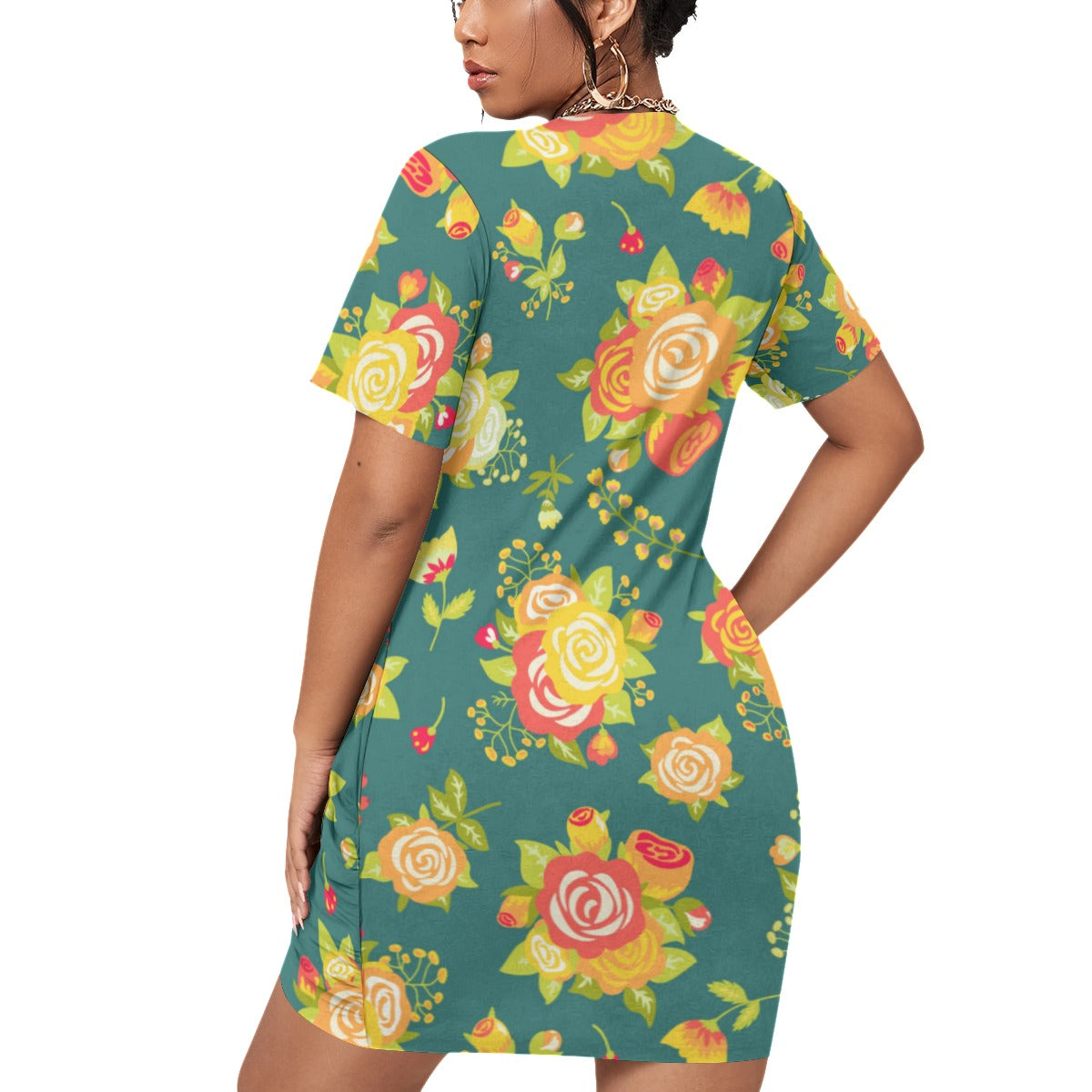 Cute Roses Women’s Stacked Hem Dress With Short Sleeve （Plus Size）