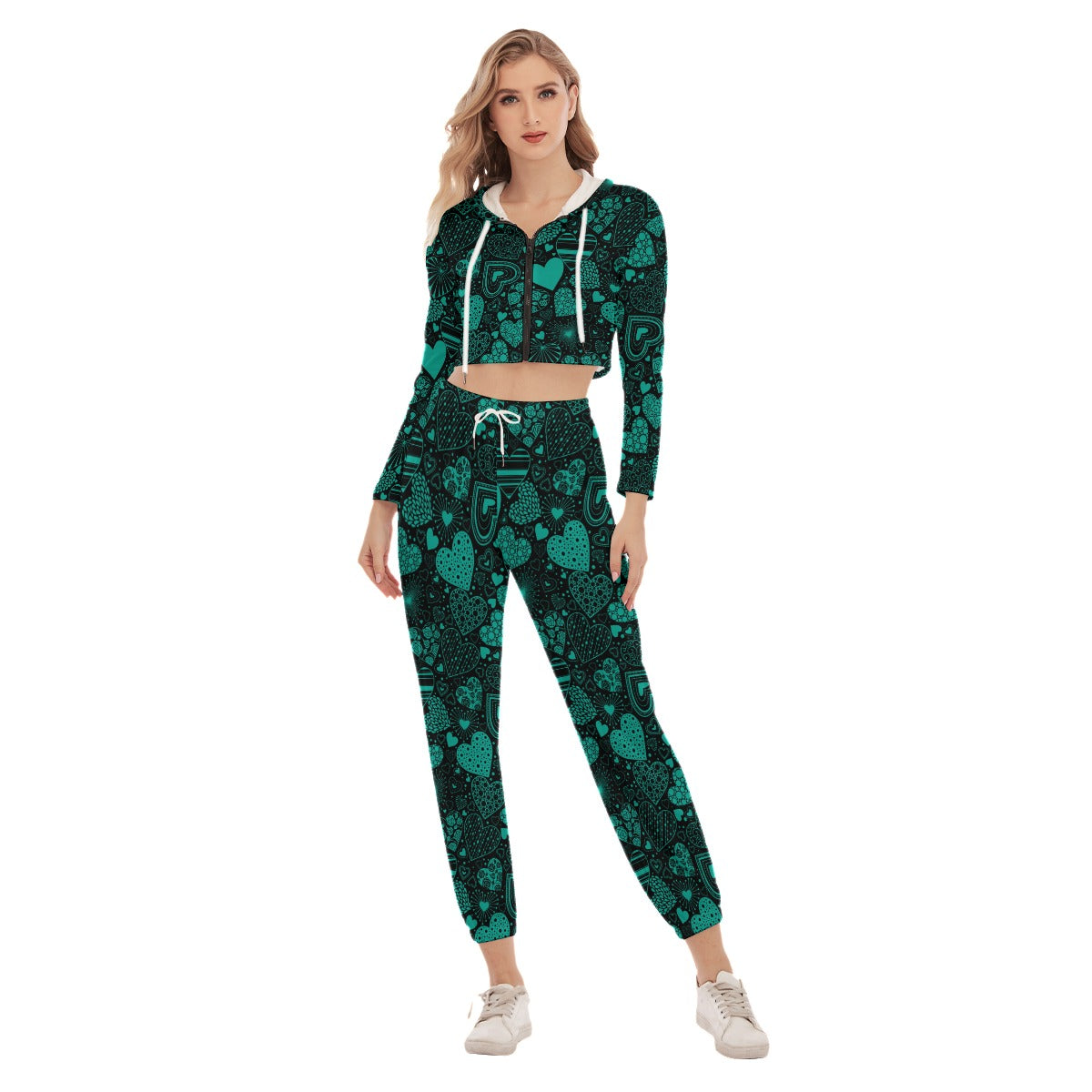 Black & Teal Hearts Women's Crop Hoodie Sports Sets