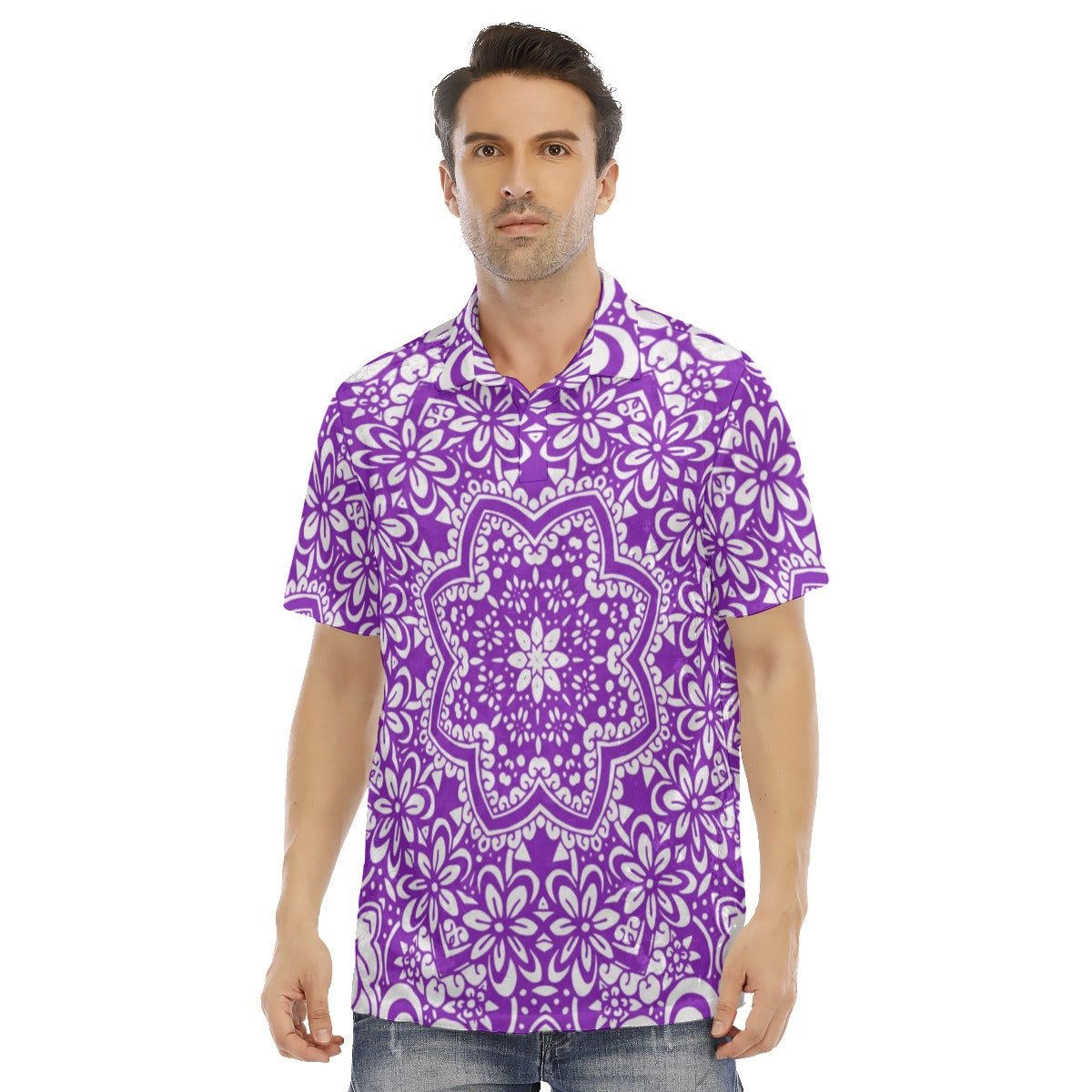 Purple Ethnic Flowers Men's Polo Shirt | Velvet