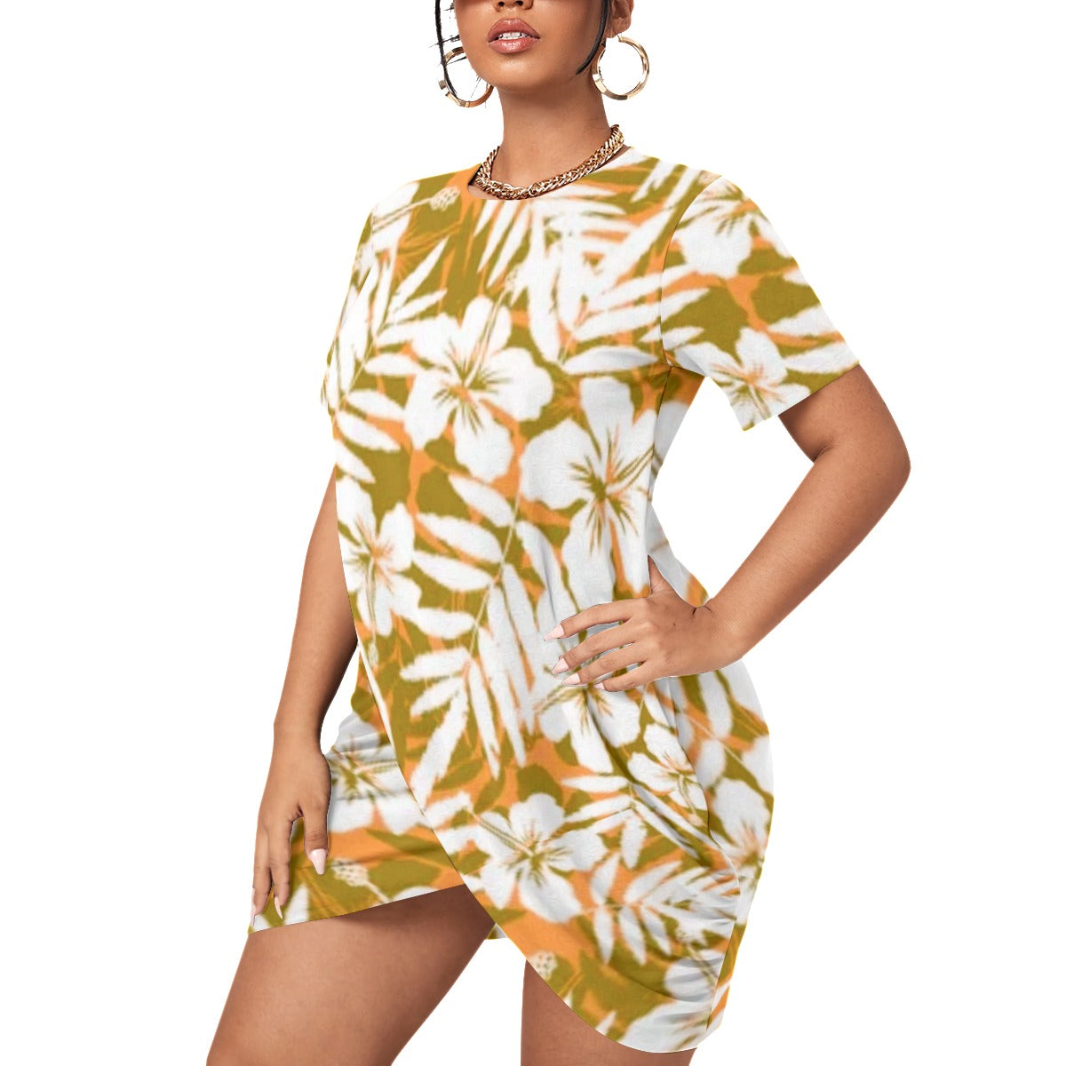 Orange Tropical Flowers Women’s Stacked Hem Dress With Short Sleeve （Plus Size）