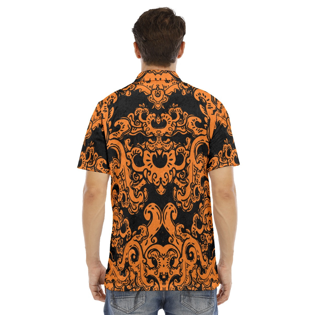 Orange & Black Baroque Pattern Men's Polo Shirt | Velvet