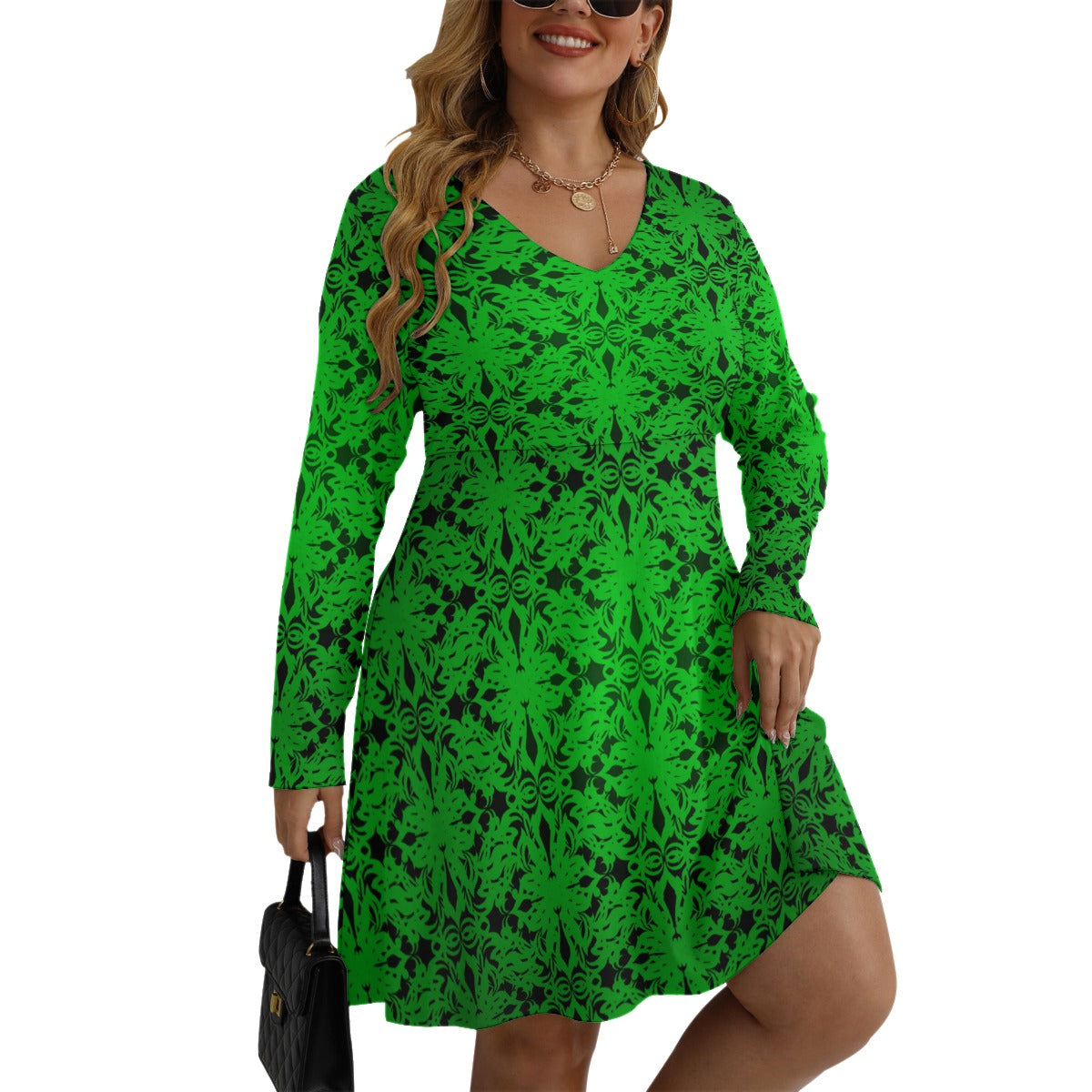 Royalty Made Green & Black Women's V-neck Long Sleeve Dress (Plus Size)