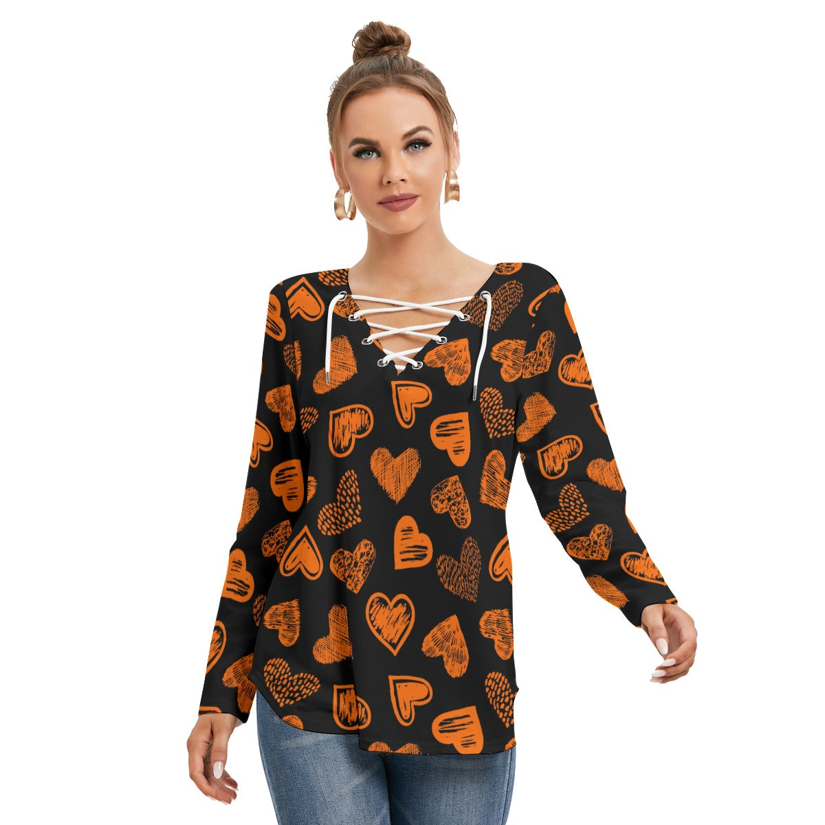 Black With Orange Doodle Hearts Women's Long Sleeve Neckline Tie Sweatshirt