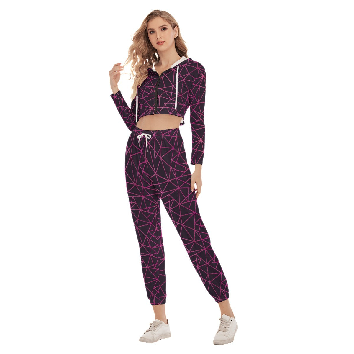 Pink & Black Triangle Women's Crop Hoodie Sports Sets