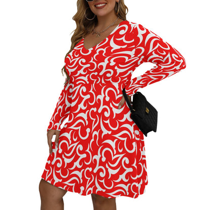 Royalty Made Red & White Women's V-neck Long Sleeve Dress (Plus Size)