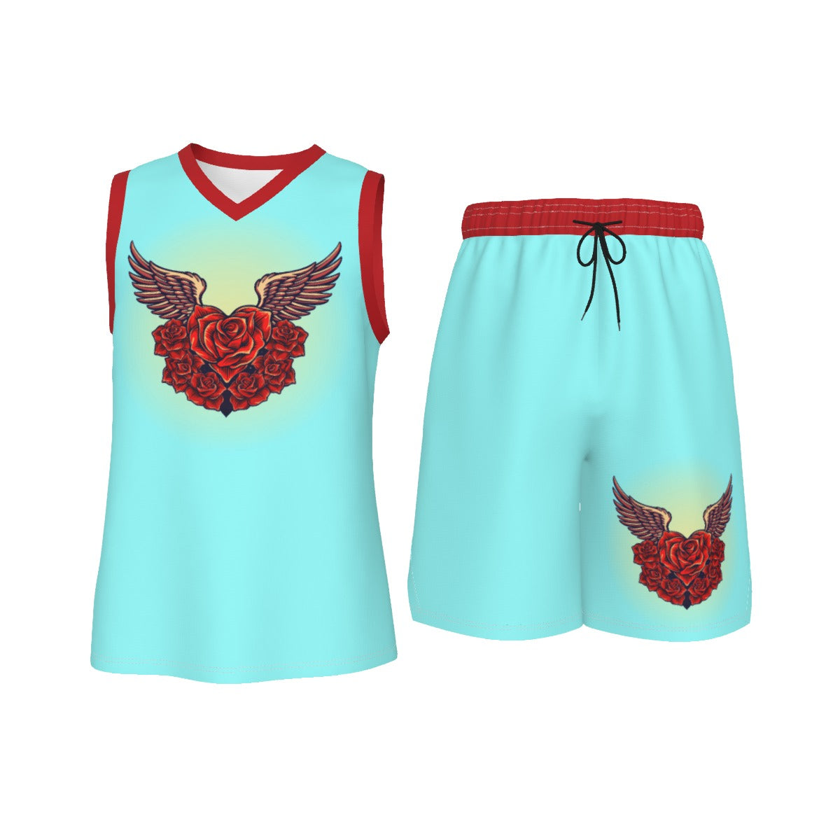 Light Blue Angel Roses Men's V Neck Basketball Suit