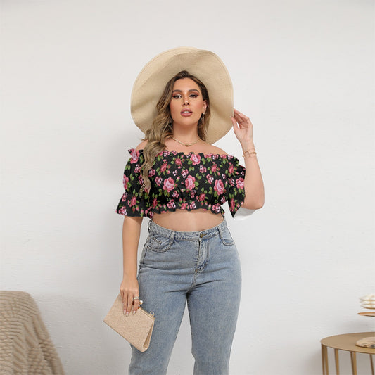 Red Roses Women's Black Off-shoulder Cropped Top With Short Puff Sleeve