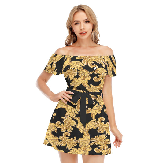 Golden Flowers Black Off-shoulder Dress With Ruffle