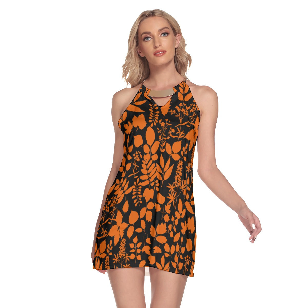 Orange Europe Forest Leaves Women's Round Neck Above Knee Dress