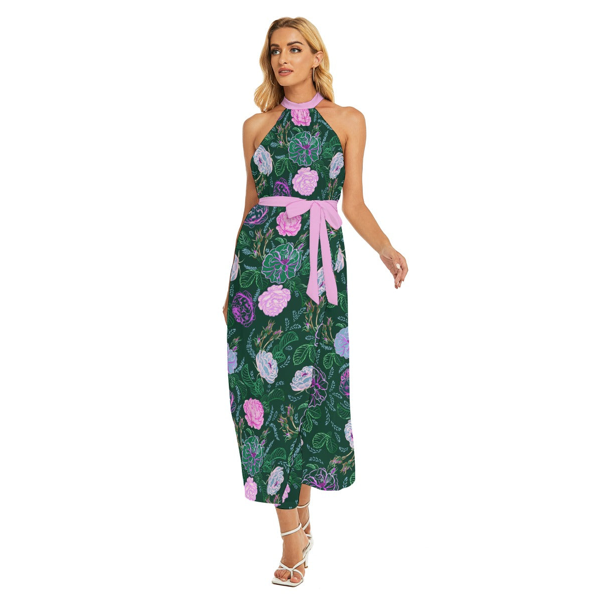 Beautiful Fashionable Roses Women's Wrap Hem Belted Halter Dress