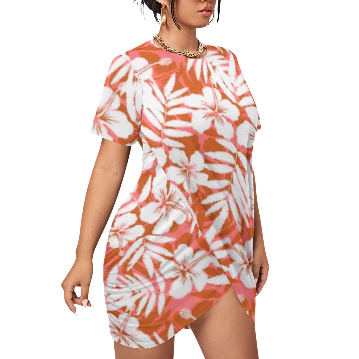 Red Tropical Flowers Women’s Stacked Hem Dress With Short Sleeve （Plus Size）