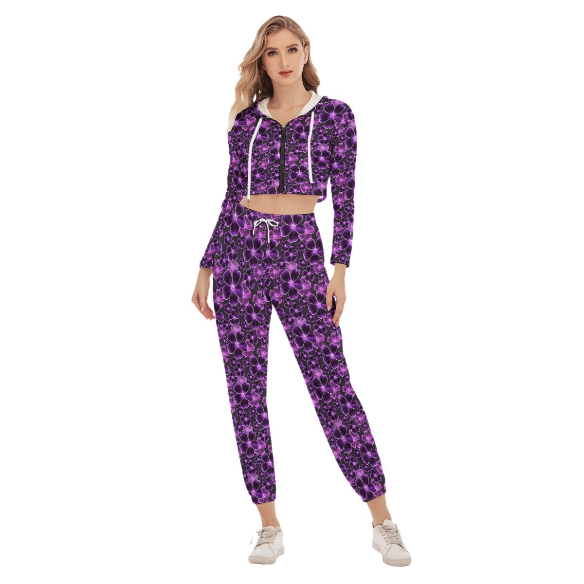 Purple Flowers Women's Crop Hoodie Sports Sets