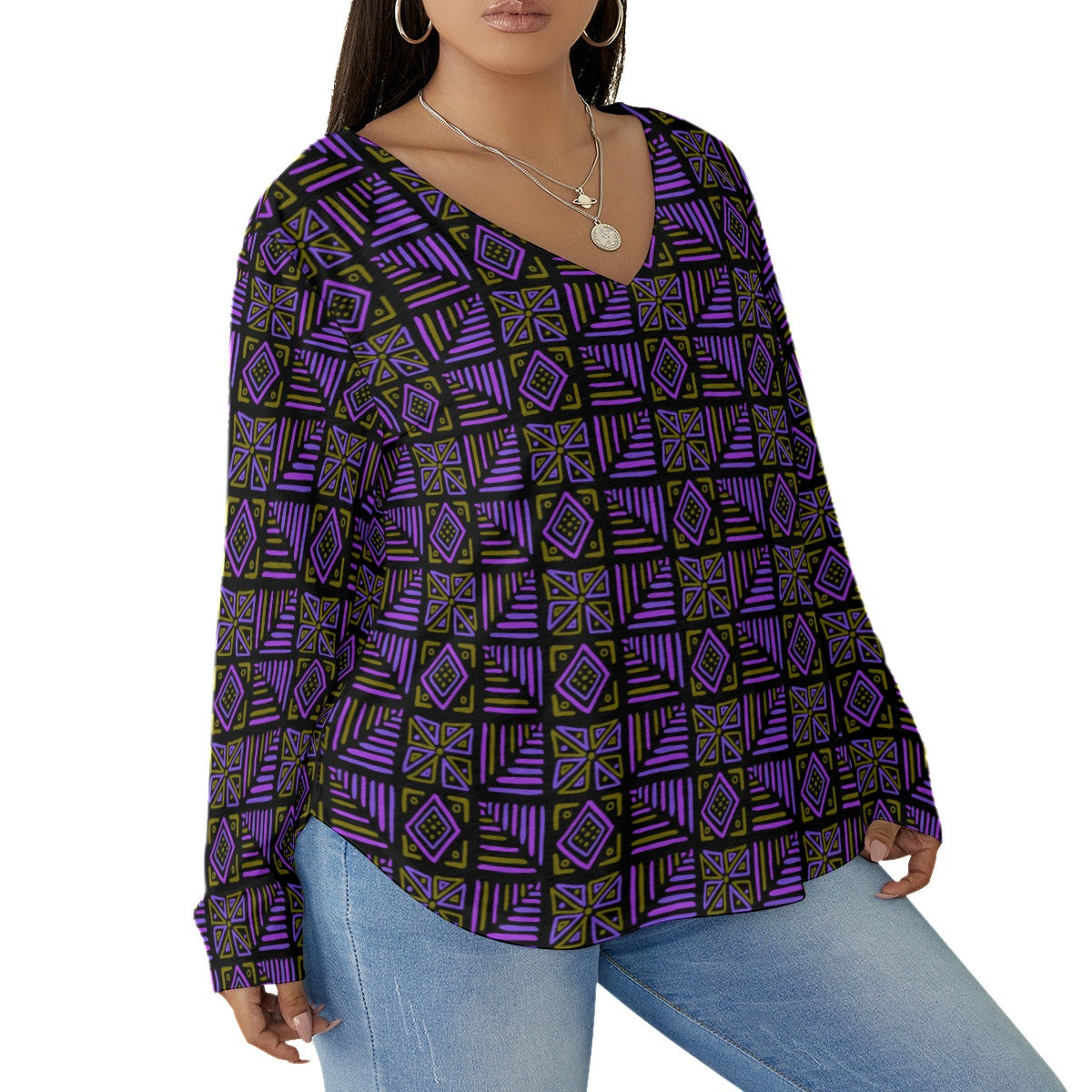 African Vibes Women's V-neck T-shirt With Curved Hem(Plus Size)