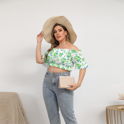 Green Roses Women's Off-shoulder Cropped Top With Short Puff Sleeve