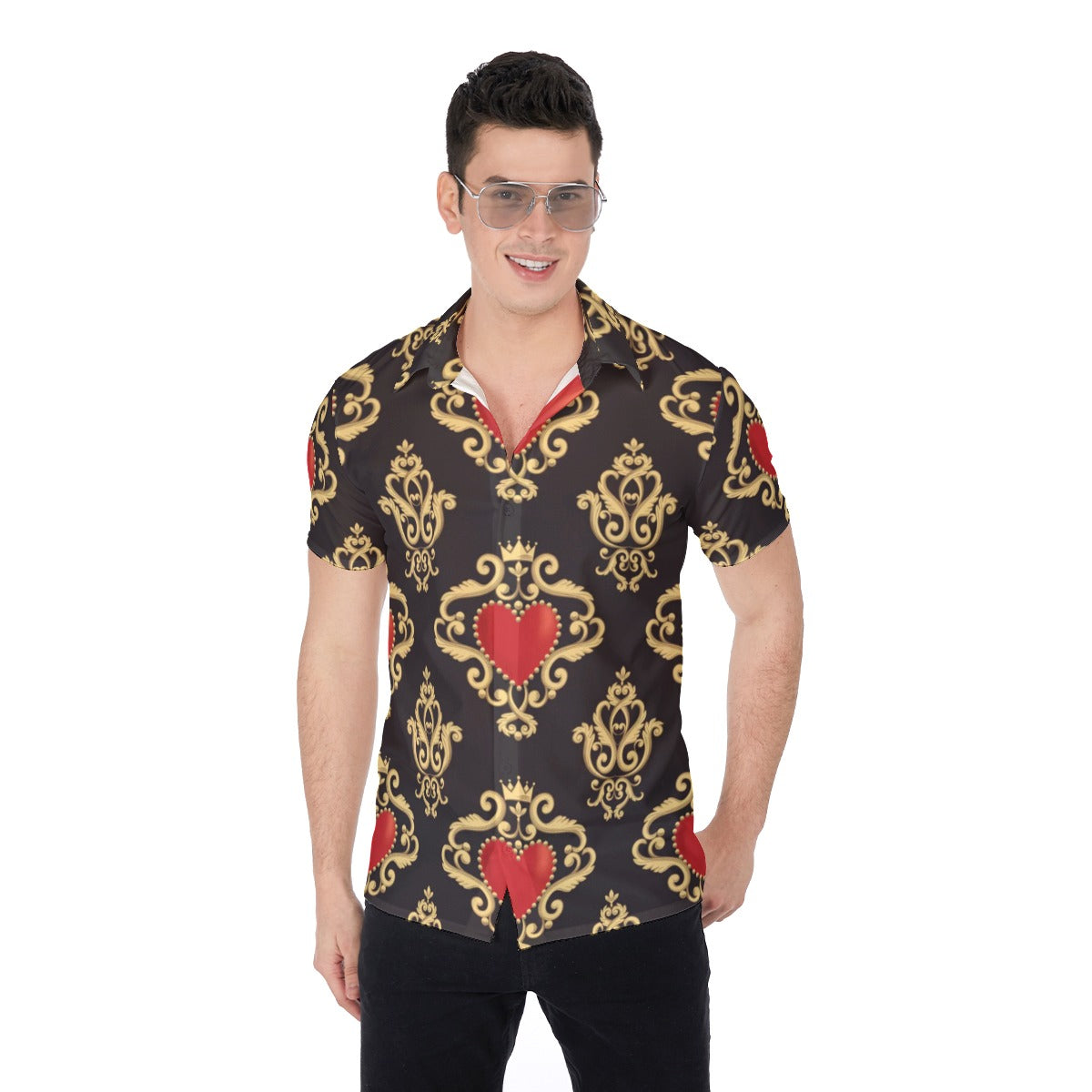 Black & Gold Royal Hearts Men's Button Up