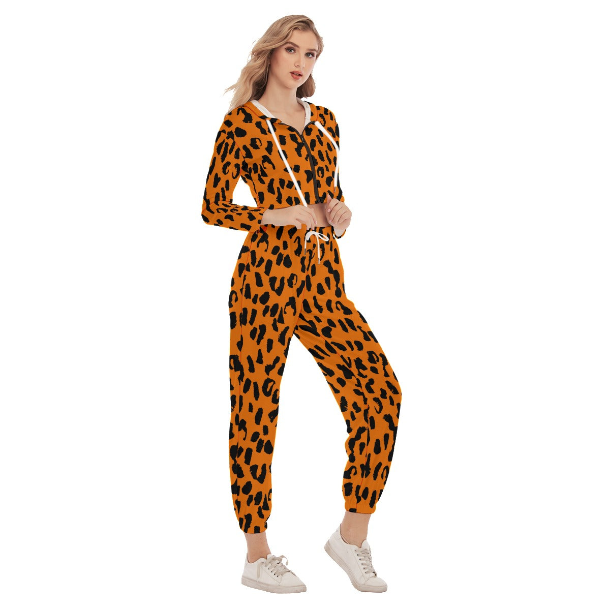 Bellafontes Orange & Black Animal Print Women's Crop Hoodie Sports Sets