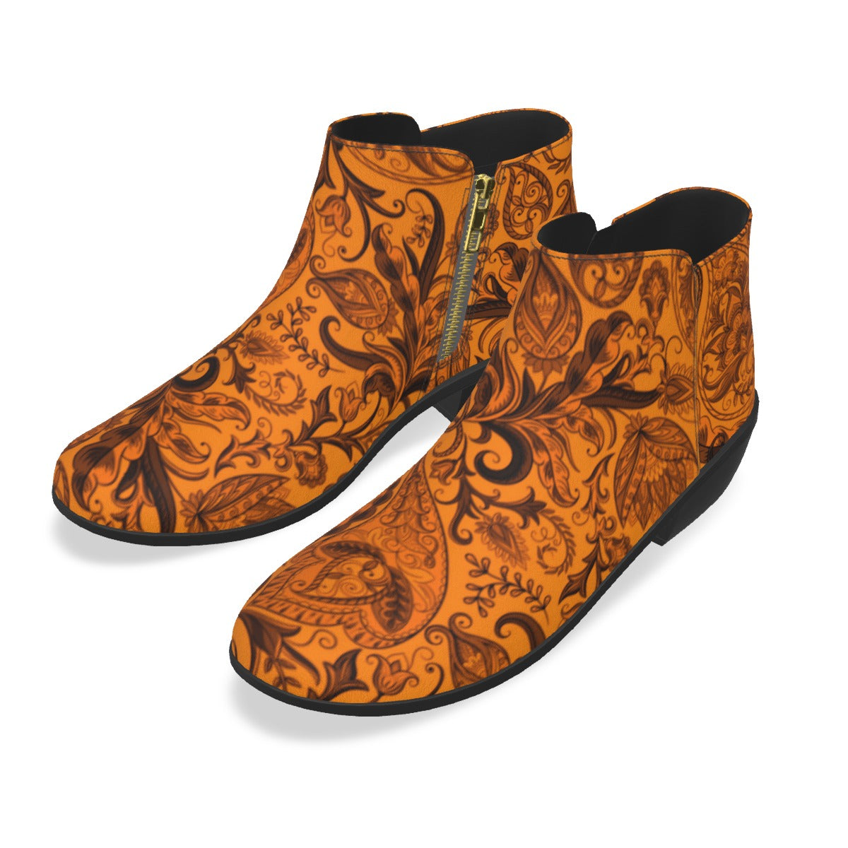 Cute Flowers Orange & Black Men's Fashion Boots