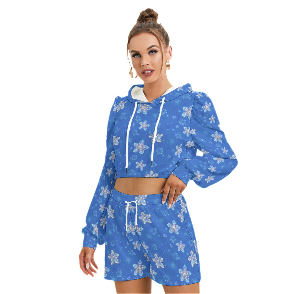 Blue With Silver Flowers Women's Mirco Fleece Hoodie And Shorts Set