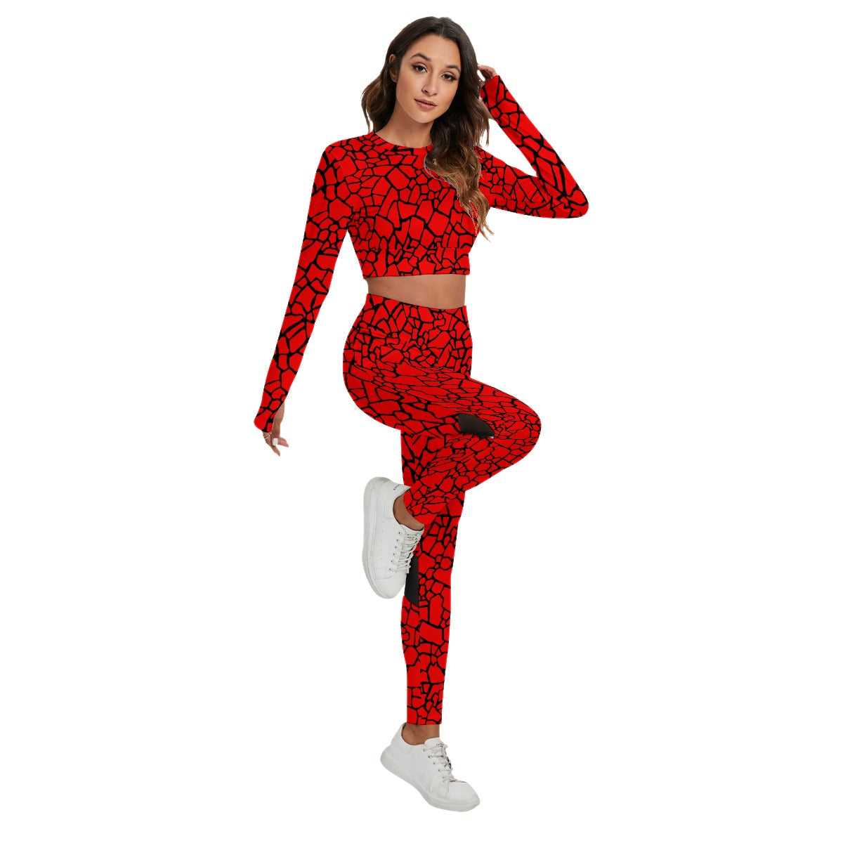 Red & Black Stone Pattern Women's Sport Set With Backless Top And Leggings