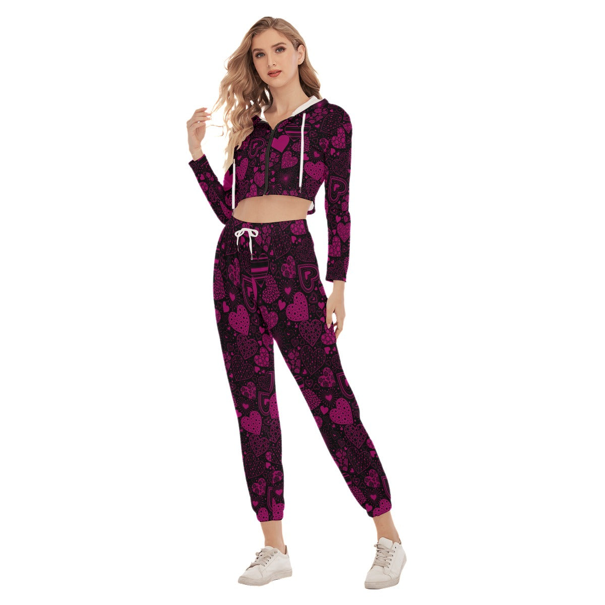 Black & Pink Hearts Women's Crop Hoodie Sports Sets