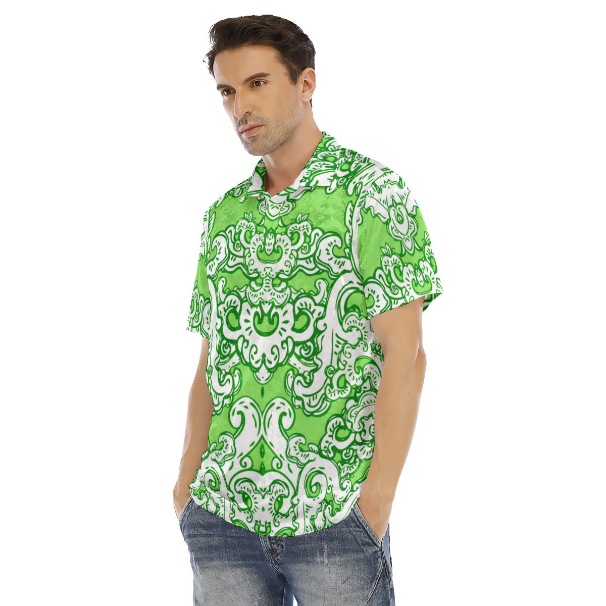 Green & White Baroque Pattern Men's Polo Shirt | Velvet