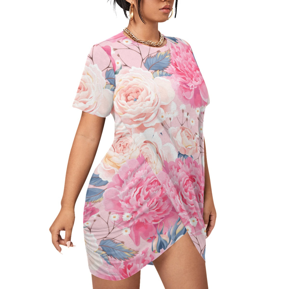 Cute Roses Women’s Stacked Hem Dress With Short Sleeve （Plus Size）