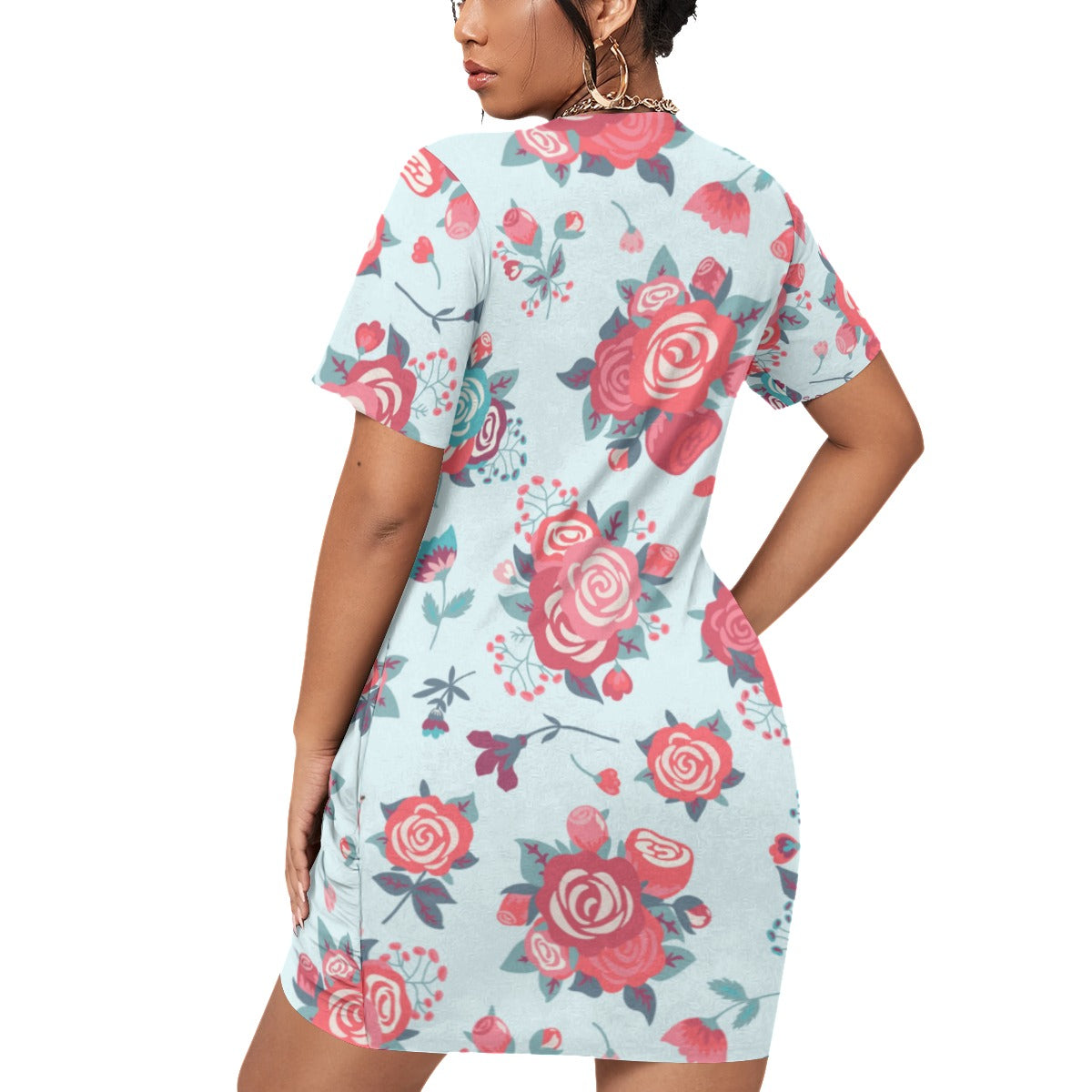 Cute Roses Women’s Stacked Hem Dress With Short Sleeve （Plus Size）